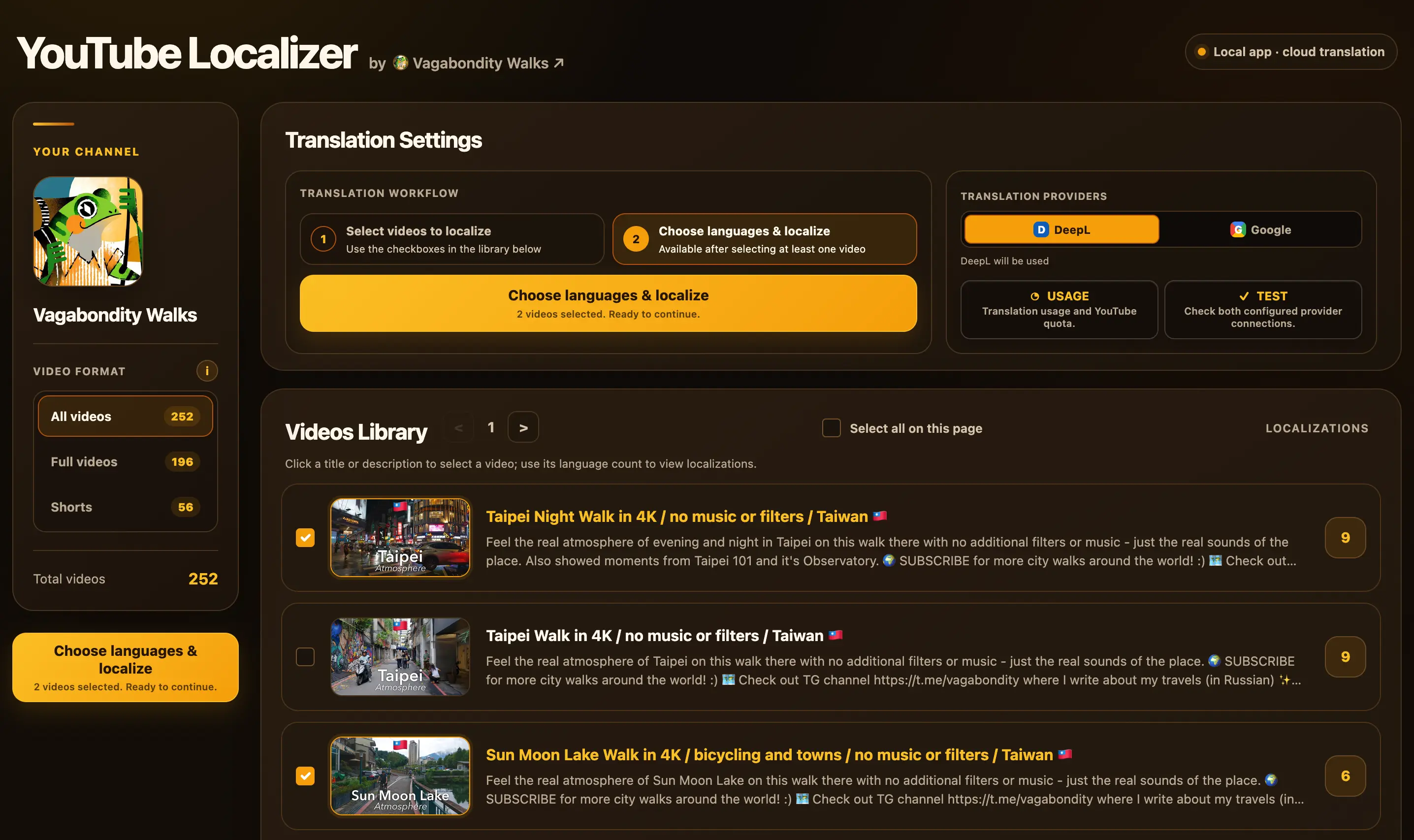 YT Localizer video library showing channel videos, filters, translation provider controls, and localization status