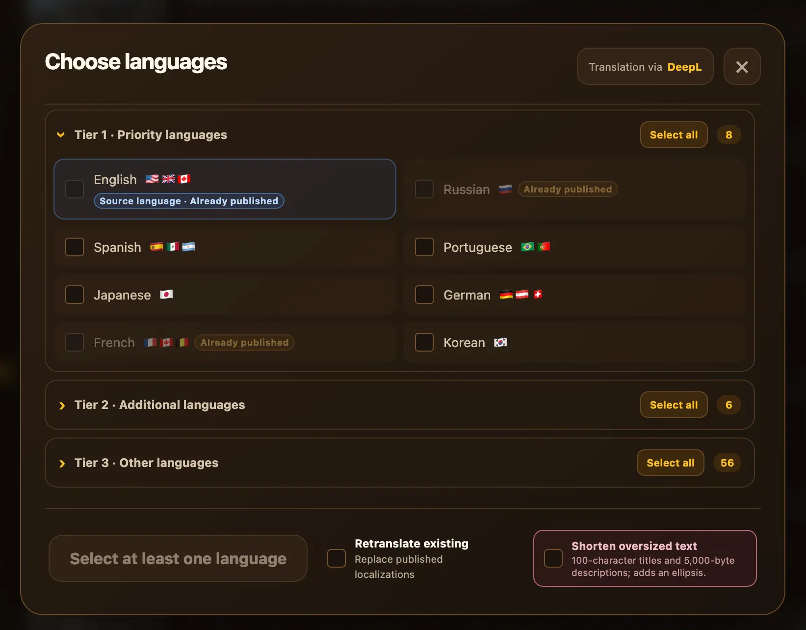 YT Localizer language selector showing available languages and existing localizations