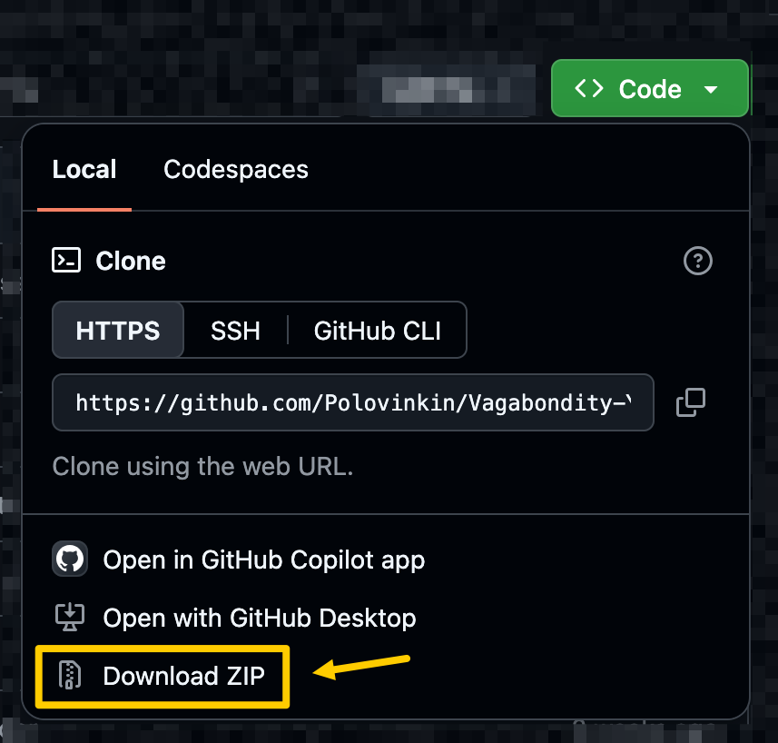 GitHub Code menu with the Download ZIP option